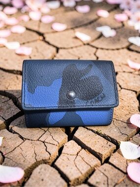 COACH Card & Coin Case With Camo Print Blue Black Pebbled Leather Snap Closure !